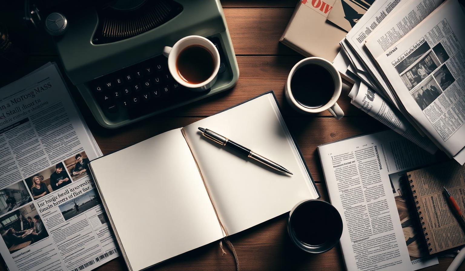 A journalist's desk with notebook, pen and printed publications